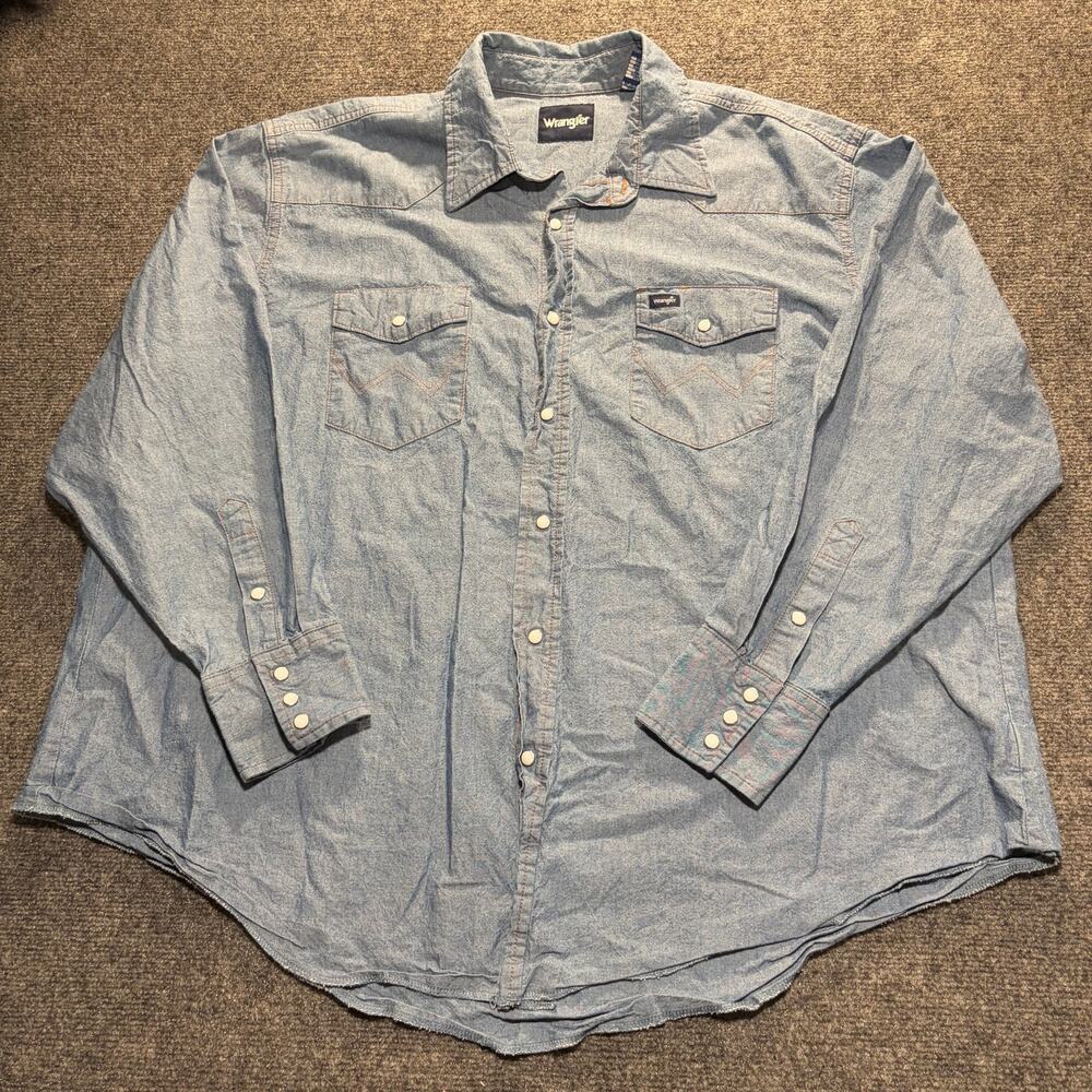 Wrangler Mens Big Tall 3X Denim Western Pearl Snap Long Sleeve Shirt Light Blue
